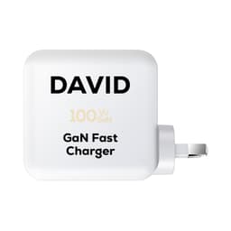 A white 100 watt GaN quick charger with a plug, featuring a logo and text design.