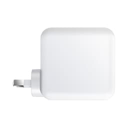 A white 100 Watt GaN quick charger with a pronged connector, featuring a simple, sleek design and a branding logo.