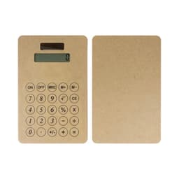 A brown eco-friendly solar calculator with a digital display and a numeric keypad. It has a minimalist design.