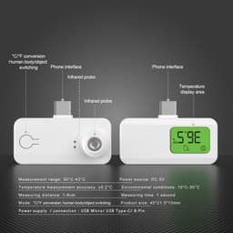 A white smartphone thermometer with an infrared probe, display screen, and a logo. Features measurement range between 30°C and 42°C.
