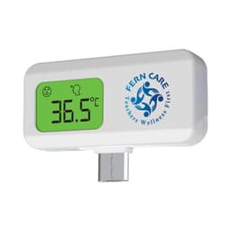 A white thermometer with a digital display showing a temperature of 36.5°C and a logo on the side.