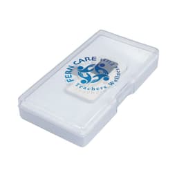 A clear plastic case containing a small thermometer device with a logo on it. The case is white and compact.