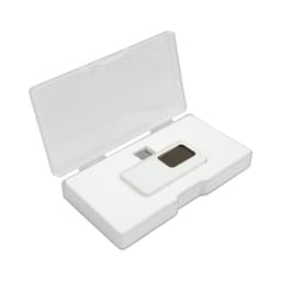 A white smartphone thermometer sits in an open white case, featuring a small digital display.