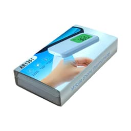 A white mobile phone thermometer in packaging, featuring a digital display and a logo.