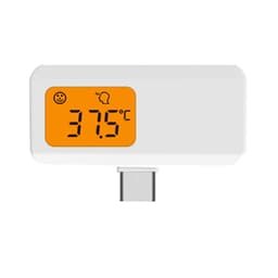 A white thermometer attachment with an orange display showing a temperature of 37.5°C. It includes a logo.