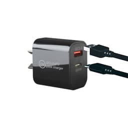 A black wall charger featuring dual USB ports, including Quick Charge 3.0 technology. It has a sleek design and branding.