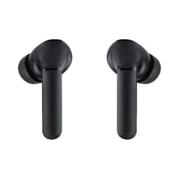 Black wireless earbuds with a sleek design, featuring a shiny surface and soft ear tips.