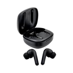 Black wireless earbuds in a charging case, featuring a sleek design with a glossy finish.