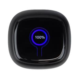 A black charging case with a smart LCD touch screen displaying a battery percentage.