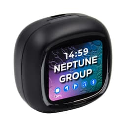 A pair of black earbuds with a smart LCD touchscreen displaying icons and time. The device has a sleek, rounded design.