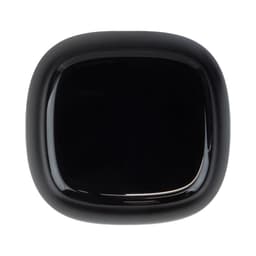 A black square charging case for wireless earbuds, featuring a glossy finish and a smooth surface.