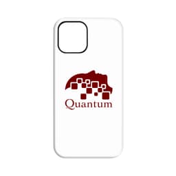 A white iPhone case featuring a maroon logo with a silhouette and abstract shapes.