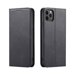 A black folio iPhone case with a textured finish, featuring openings for buttons and a camera, and a logo.