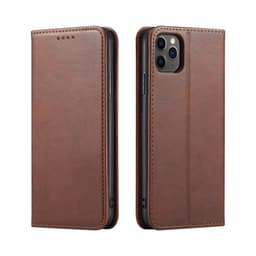 A brown leather iPhone case with a folio design, featuring a logo and openings for buttons and ports.