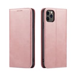 A pink folio iPhone case with a sleek design, featuring a subtle logo and neatly arranged compartments for cards.