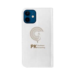 A white folio-style iPhone case featuring a logo and a textured design on the front.