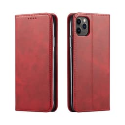 A red leather folio case for iPhone, featuring a sleek design with a branding logo and a magnetic closure.