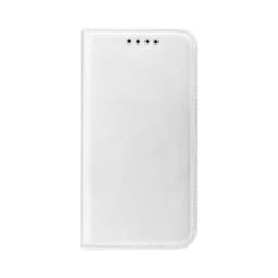 A white iPhone case with a smooth finish, featuring a logo and a fold-over design.