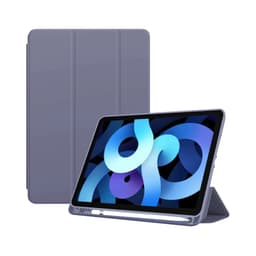 A grey tablet cover stands upright with a tablet displaying an abstract blue design. The cover has a logo.