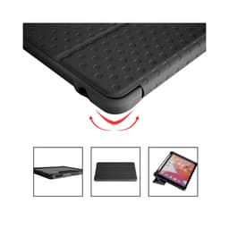 A rugged black iPad case with a textured surface and cutouts for ports, featuring a logo.