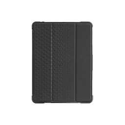 A black rugged iPad case with textured surfaces and a logo, designed for protection and style.