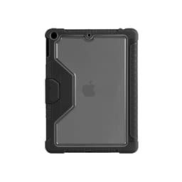 A rugged black iPad case featuring a textured grip and protective design, with a logo visible on the back.