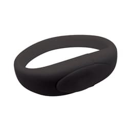 A black silicone wristband with a smooth finish and a raised area, featuring a logo.