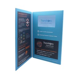 A turquoise promotional pamphlet featuring information about Transitions Signature lenses and their benefits.