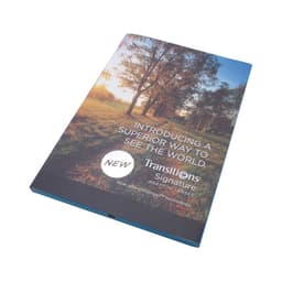 A rectangular brochure with a nature scene on the cover and a blue spine. It features a logo and promotional text.
