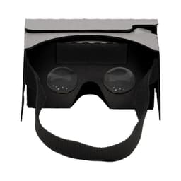 A pair of black virtual reality glasses with a secure strap and lenses visible inside.