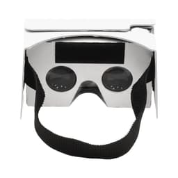 A pair of white virtual reality glasses with black lenses and a black adjustable strap.