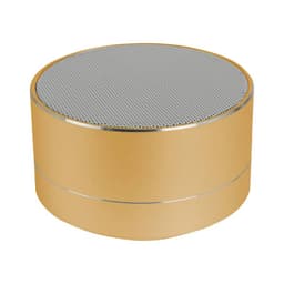 A gold Bluetooth speaker with a grey mesh grille on top, featuring a sleek, cylindrical design.