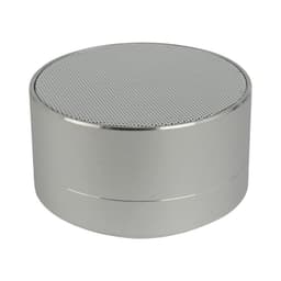 A silver Bluetooth speaker with a round design and a mesh top surface, featuring a sleek metallic finish.