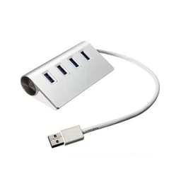 A silver USB hub with four ports and a connecting cable, featuring a sleek, angled design.