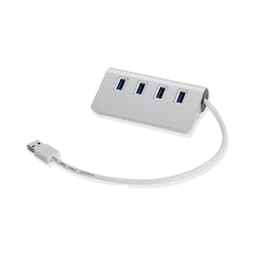 A silver USB hub with four ports and a white cable. Features a branding logo.