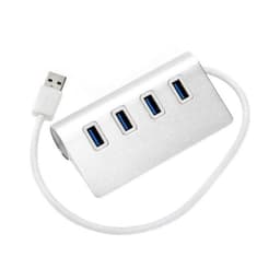 A silver USB hub with four ports and a white cable attached. It has a sleek, modern design.