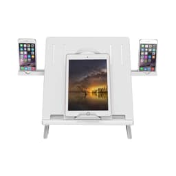A white foldable laptop stand with slots for a tablet in the centre and two smartphones on the sides.