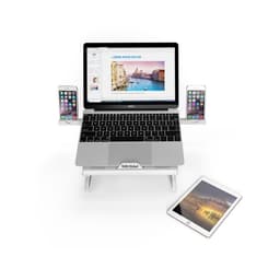 A foldable laptop stand in silver, supporting a laptop and two smartphones, with a tablet positioned underneath.