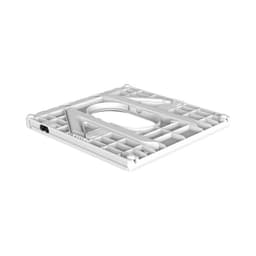 A foldable laptop stand in white with a textured surface and an adjustable angle feature. It has a logo on it.