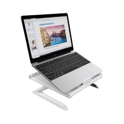 A white foldable laptop stand with a laptop displaying a presentation on it. The stand has an adjustable height design.