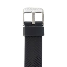 A black smart band with a silver buckle and a textured strap featuring a logo.