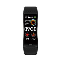 A black smart band with a digital display showing time, heart rate, and temperature, featuring a logo on the side.