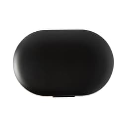 A black charging case for wireless earbuds features a sleek, rounded design and includes a logo.