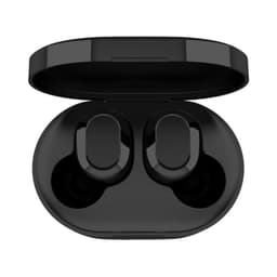 Black wireless stereo earbuds in a charging case, with the case slightly open exposing the earbuds inside.