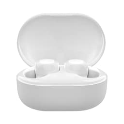 A pair of white true wireless stereo earbuds in a charging case, with the case open.