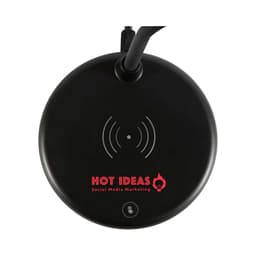 A circular black wireless charging lamp with a built-in light, featuring a logo and a charging indicator.