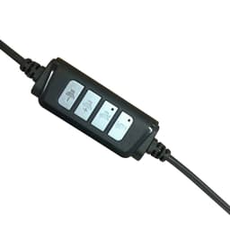 A black headphone control unit featuring four buttons for adjusting sound settings and volume.