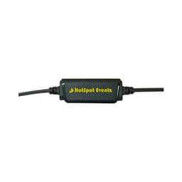 A black audio adapter with a logo, featuring a connector cable on either end.