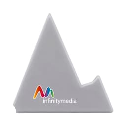 A grey triangular phone stand featuring a logo. Its design resembles a mountain peak.
