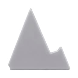 A grey triangular phone stand designed to hold devices. It features a minimalistic shape and has a logo.